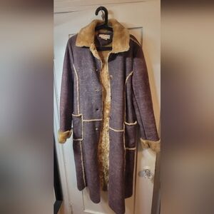 Vintage 90s Monroe & Main Faux Shearling Long Coat – Brown Sherpa Lined,Size M